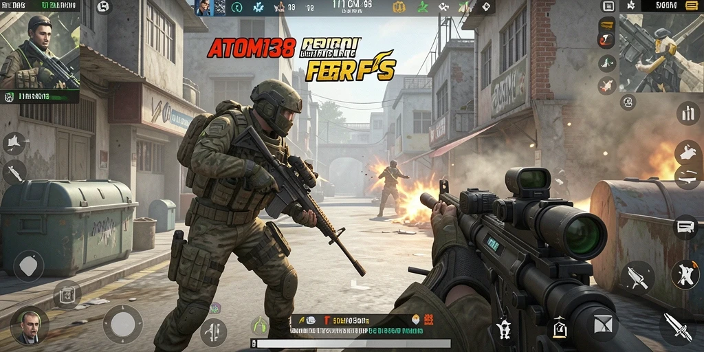 Screenshot ATOM138 menunjukkan aksi intens di pertempuran FPS.