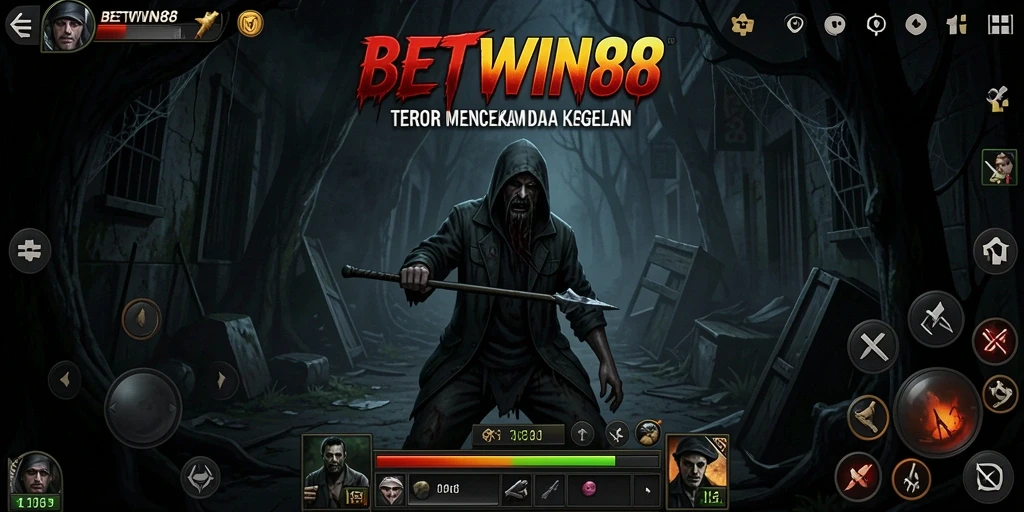 Screenshot utama BETWIN88 menampilkan aksi seram dalam suasana gelap.