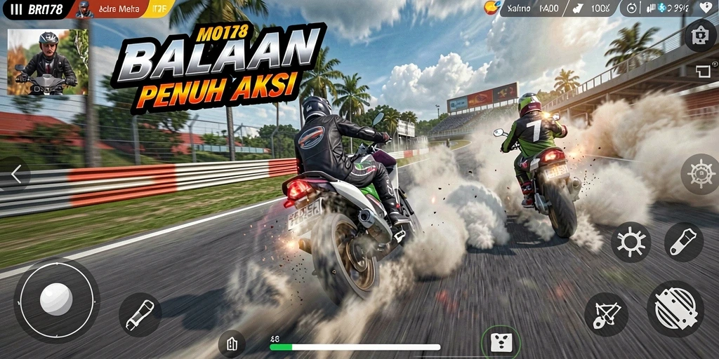Tampilan gameplay seru di BRO178 saat balapan motor.