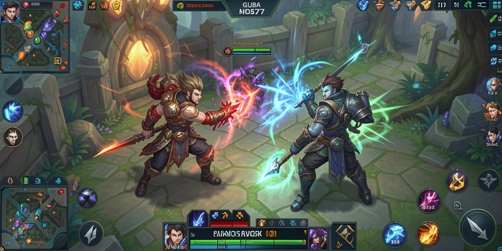 Tampilan gameplay GUS77 dengan aksi seru di arena pertarungan MOBA.