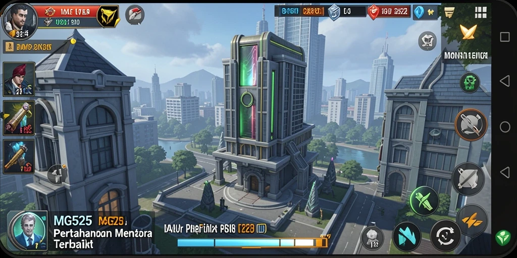 Screenshot gameplay MG525 menampilkan aksi menara menangkis serangan musuh.