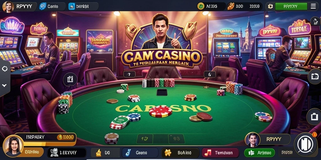 Screenshot gameplay RPYYY menunjukkan dealer langsung dan suasana kasino yang nyata.