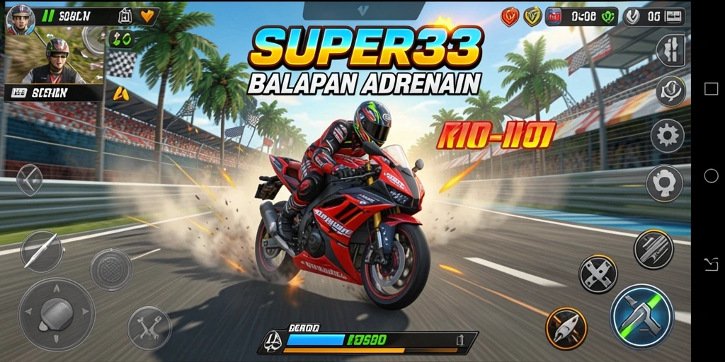 Tangkapan layar gameplay SUPER33 yang menampilkan balapan motor yang seru.